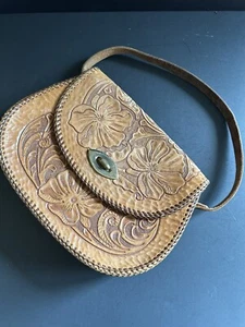 Vtg Tooled Leather Purse Hand Bag Tan Brown Boho Western Rockabilly - Picture 1 of 24