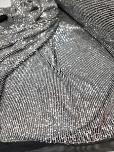 3MM Glitz Mini Silver Sequin Fabric By The Yard On Black Stretch Mesh For Dress - Picture 1 of 12