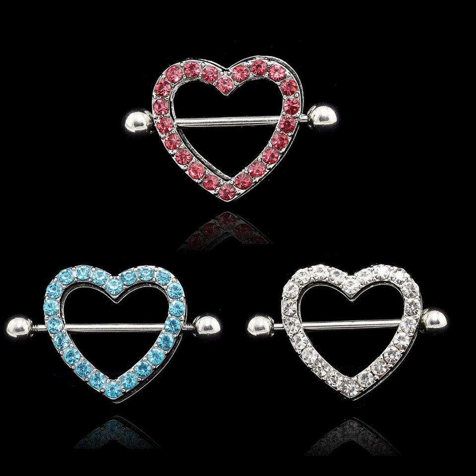 Pair Steel Multi Crystal 2-Layer Love Heart Nipple Shield Bar Ring Body Piercing Foto 1 de 4
