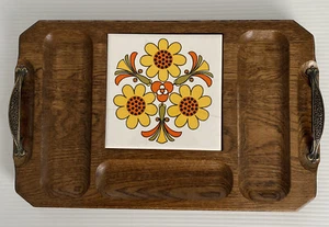 Vintage Wood Serving Tray With Tile-Cracks Cheese Appetizer Handles - Picture 1 of 7