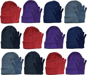 24 Piece Kids Winter Set: 12 Pack Beanie Hats + 12 Pairs Winter Gloves/Mittens - Picture 1 of 26