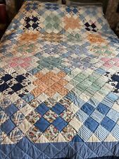 Vintage Handmade Patchwork Quilt Blue 9 Patch On Point Hand Sewn Stitched