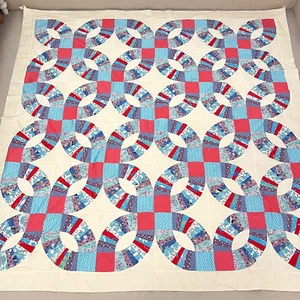 Handarbeit blau Doppel Ehering Baumwolle Patchwork Quilt Top/Topper 86x86" - Bild 1 von 4