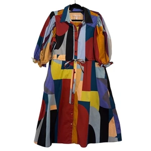 Hutch Colorblock Midi Shirt Dress Size XL Balloon Sleeve Drawstring Waist Lined  - Picture 1 of 12