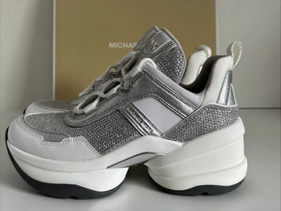 NIB Michael Kors Olympia Crystal Embellished Trainer Sneaker Size 7 Silver SG22F - Image 1 of 4