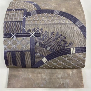 Fukuro Obi Gray Tea Yusho Pattern Embroidery Foil  Formal Kimono Accessory - Picture 1 of 6
