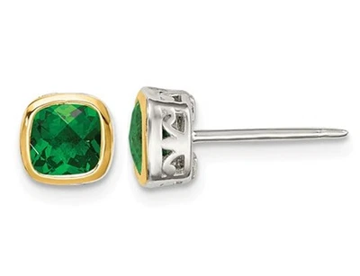 9/10 Lab Created Emerald Post Earrings in Sterling Silver with 14K Gold Accents - Image 1 of 4