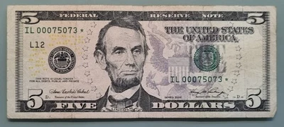 2006 Five Dollar Federal Reserve Note $5 STAR NOTE Circulated #96482 - Image 1 of 2