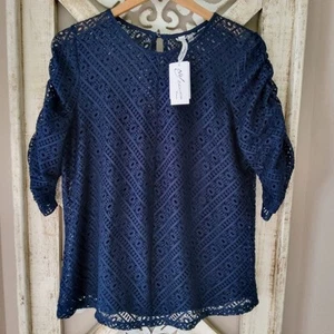 NY Collection Women's Plus Lace Overlay Gathered Ruched Sleeve Top in Navy Blue - Picture 1 of 8