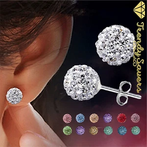 8mm Women Men 925 Sterling Silver Round Crystal Ball Ear Stud Earrings 7 Colours - Picture 1 of 15