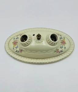 Vintage 11” Porcelain 2 Bulb Ceiling List Fixture Floral Oval Rim Ivory - Picture 1 of 5