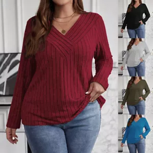 Plus Size Womens V-Neck Ribbed T Shirt Jumper Tops Ladies Long Sleeve Pullover - Picture 1 of 21