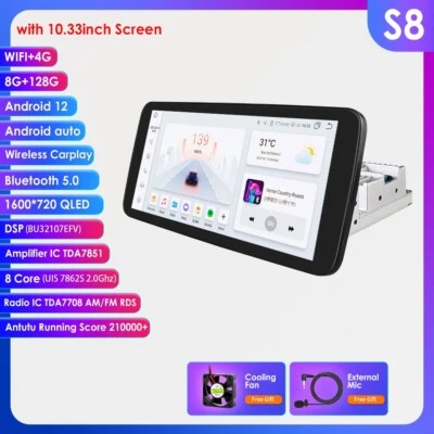 8+128GB Android 12 Rotatable 10.33" 1 DIN Car Stereo Radio GPS Navi Wifi CarPlay - Image 1 of 4