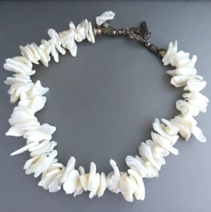 Sterling Silver Mother of Pearl Necklace Chunky Beads MOP  Bali Style Toggle 17” - Picture 1 of 7