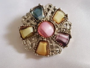 Scarf Clip ~ Celtic ~ Multi-Colour Marble Glass Stones ~ Pewter Metal ~ Round - Picture 1 of 8
