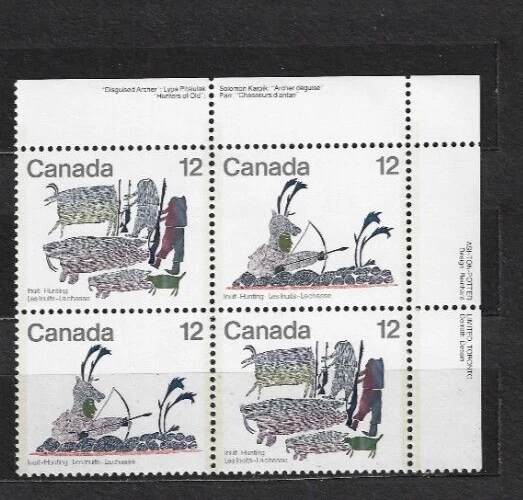 Canada Stamp Plate Blocks  UR- 1977     12c INUIT - HUNTING    (750-751) - Image 1 of 1