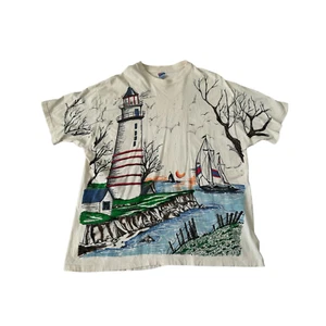 Vintage 90er Jahre Lighthouse Ocean All Over Druck AOP USA XXL Einzelstich Shirt Vintage - Bild 1 von 7