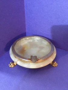 Deco Ashtray W/ Stand Trinket Dish Brass Marble Onyx Gold Leaf Stone MCM 4.25" - Picture 1 of 5