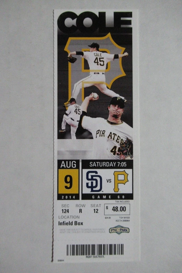 PITTSBURGH PIRATES VS SAN DIEGO PADRES 8/9/2014 BOLETO COMPLETO ~ GERRIT COLE Foto 1 de 1