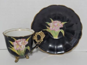 Vintage Demitasse Cup And Saucer Set Black Pink Iris Occupied Japan - Picture 1 of 9