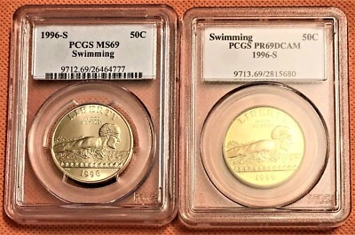 1996-S SWIMMING COMMEMORATIVE HALF DOLLAR PCGS MS69, PR69 DCAM COINS LOW MINTAGE - Image 1 of 2