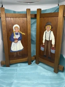 Amish boy and girl handpainted folkart vintage signed Hazel 87 wall decor wood - Picture 1 of 11