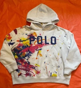 Polo Ralph Lauren Girls Hoodie Sweatshirt Fleece White Paint Splatter Sz L 12-14 - Picture 1 of 7