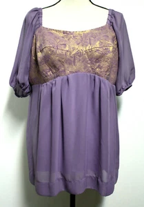 Womens Sz 20/22 Blouse Purple Gold Brocade Bodice Sheer Lined Puff Sleeves - Picture 1 of 5