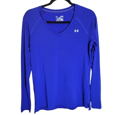 Under Armour Womens Sz M Blue Solid Long Sleeve HeatGear V-Neck Fitted Shirt - Image 1 of 4