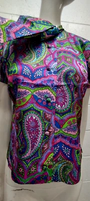 1960s Psychedelic Top Purple Blouse Pussybow Big Paisley Lavender Scarf Med - Image 1 of 4