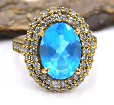 6.7 GM 925 Argento Sterling Topazio Blu Taglio Gemma Bicolore Anello 9 " US - Immagine 1 di 4