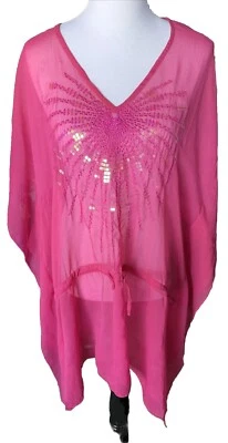 Women Pink Chiffon Tassel Swimsuit Cover Up Beach Rare Find Size XXL-3X - Image 1 of 4