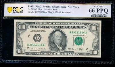 AC 1969C $100 FRN New York PCGS 66 PPQ Fr 2166-B - Image 1 of 2