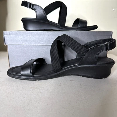 ECCO Felicia 舒适楔形凉鞋黑色绑带露背皮革 10-10.5 全新无标签 — 第 1/4 张图片
