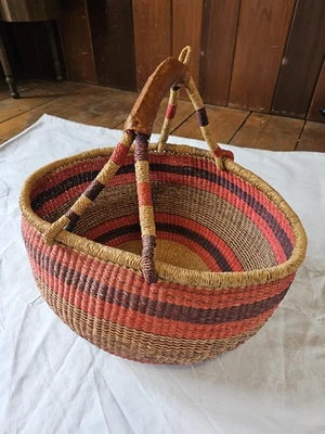 Handcrafted African Bolga Market Basket, Multi-color, 14" Circumference ~9" Tall - Image 1 of 4