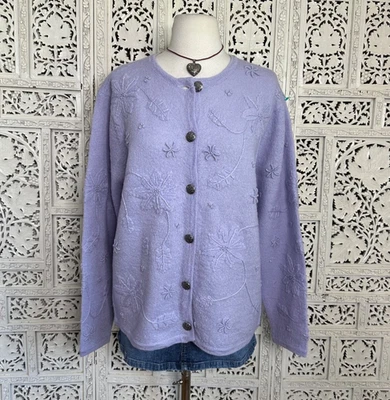 Vintage Applebee's Wool Pastel Lilac Floral Embroidered Button Up Cardigan Sz L - Image 1 of 4
