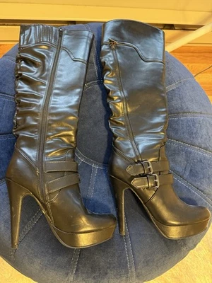 G By Guess Negro Imitación Cuero Alto Hasta la Rodilla Bota Tacón Hebillas Mujer’s 6.5 Usado Foto 1 de 4