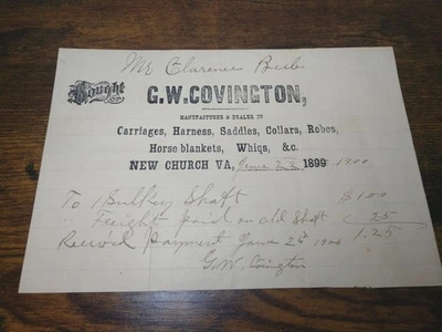 Antiguo 1900 G. W. Covington distribuidor de carruajes factura cabeza de carrita nueva iglesia VA Foto 1 de 3