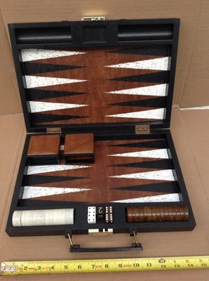 Vtg Backgammon Board Game Set Faux Brown Leather Travel Case Game Night Fun - Image 1 of 4