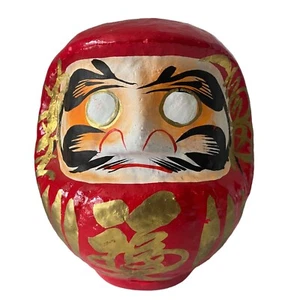 Japanese Red Gold Accents Lucky Daruma Paper Mache Doll 5.5" Tall - Picture 1 of 9