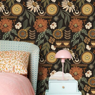 Papel pintado retro de cerámica boho marrón girasol pelar y pegar papel de contacto floral Foto 1 de 4