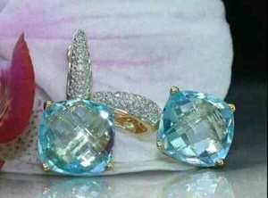 Art Deco Style Lab Created Diamond Aquamarine Wedding Earrings 14K White Gold FN - Picture 1 of 8