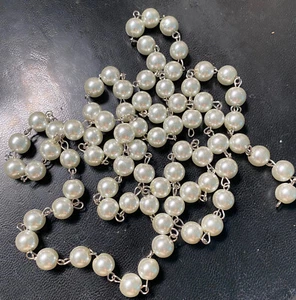 NEW: 1 meter Cream Pearl Glass Rosary Chain Silver link, 8mm round bead garland - Picture 1 of 2