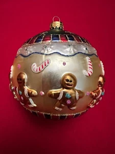 Vintage Christmas Ornament 3.5" Round Glitter Glass Gingerbread Men Candy Canes - Picture 1 of 8