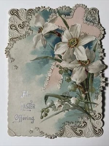 Antigua tarjeta victoriana de 1880 de una oferta de pascua troquelada cruz floral - Imagen 1 de 6