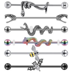 14G Industrial Piercing Earring Stainless Steel Snake Bat Bee Barbell Earrings - Picture 1 of 17