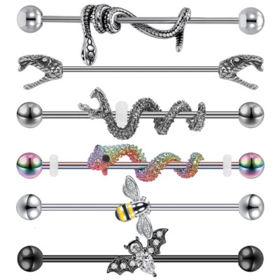 Pendientes Piercing Industrial 14G Acero Inoxidable Serpiente Murciélago Abeja Barra Pendientes Foto 1 de 4