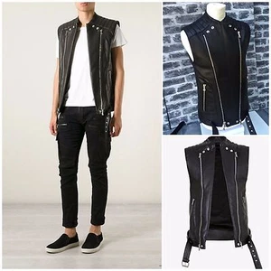Ultra Rare & Great Balmain SS15 Black Zipped Ribbed Biker Leather Gilet / Vest  - Picture 1 of 12