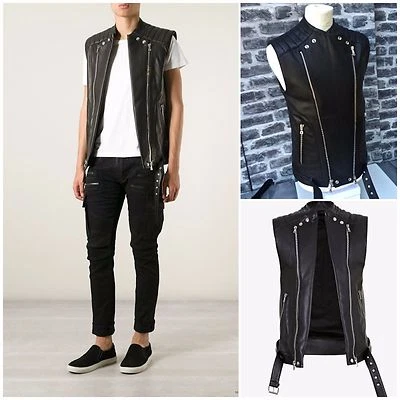Chaleco/chaleco de cuero de motociclista acanalado con cremallera negro Balmain SS15 ultra raro y excelente  Foto 1 de 4