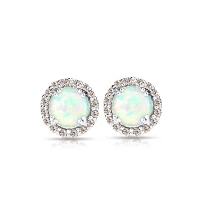 Round Halo Simulated Opal & Morganite Stud Earrings in Sterling Silver - Image 1 of 3